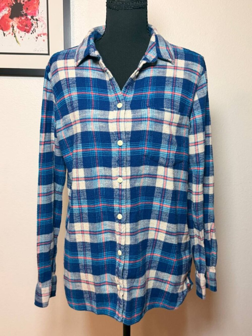 J.Crew Fall Plaid Flannel Shirt Blue Coral Preppy Cottagecore 8